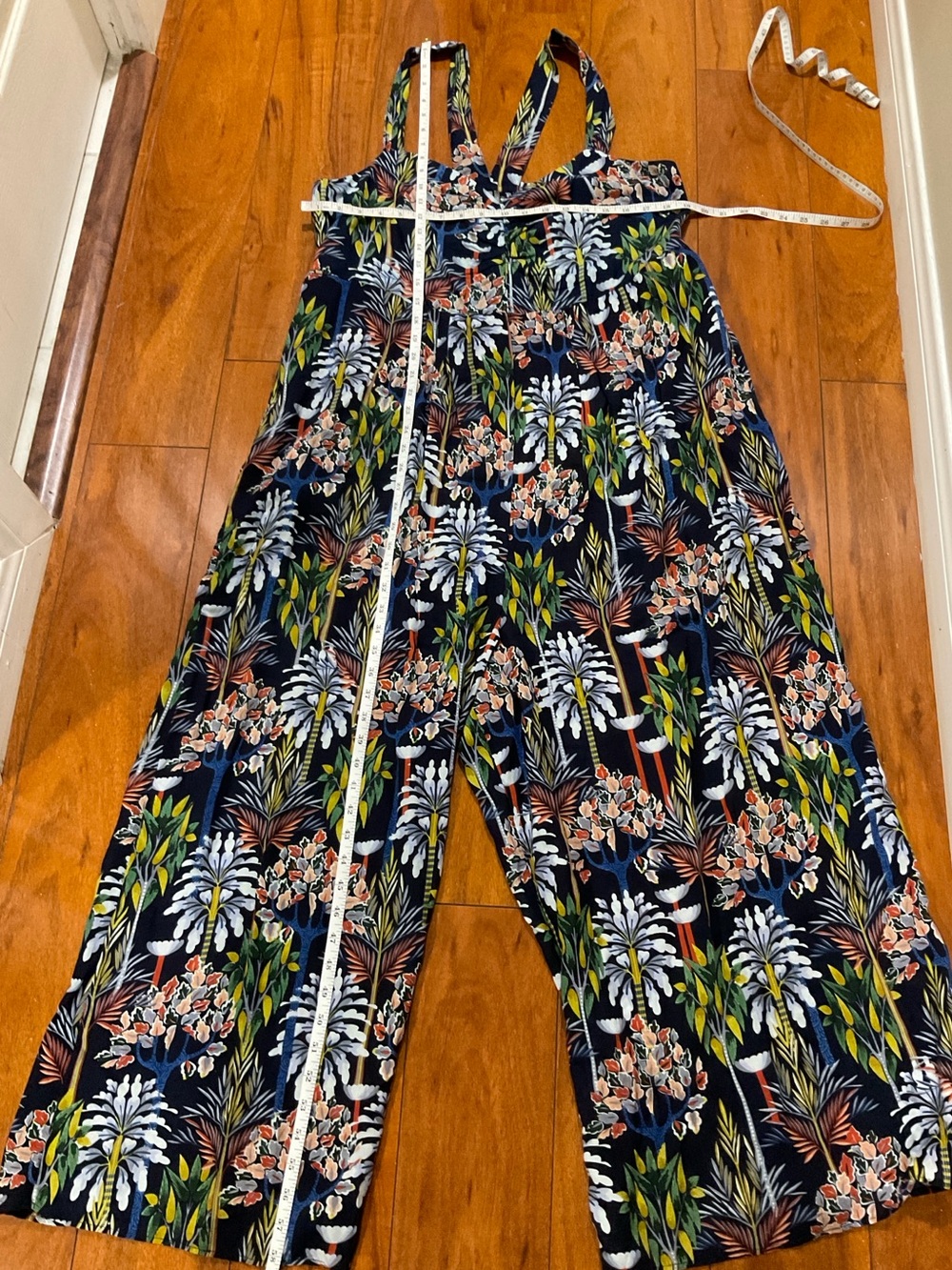 Anthropologie Navy Floral Wide-Leg Jumpsuit